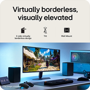 This image shows an UltraGear™ gaming monitor in a desk setup displaying a game scene, with icons indicating 3-side borderless design, height adjustment, tilt support, and wall mount compatibility.