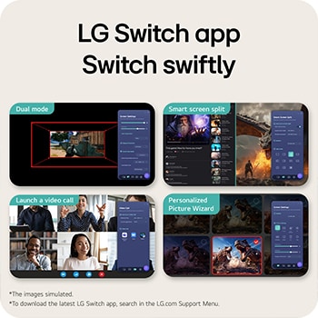 Feature overview image showing a gaming monitor interface with Dual Mode display adjustment, Smart Screen Split for multitasking layouts, one-click video call launch, and a Personalized Picture Wizard for customized screen settings.