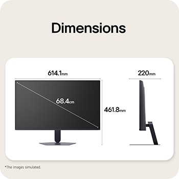 Front and side views of a gaming monitor illustrating its overall dimensions and profile design.