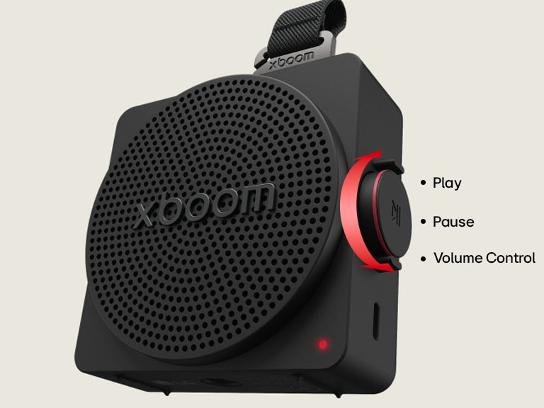 Perilla giratoria física del LG xboom mini para control de volumen con botón giratorio y de clic para acceso instantáneo a FYI AI Radio