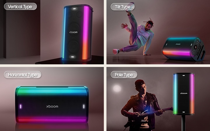 1) Altavoz de fiesta LG xboom Stage 501 con iluminación LED en posición vertical, creando una fiesta a gran escala. 2) Altavoz de fiesta LG xboom Stage 501 con iluminación LED en posición inclinada, con una persona bailando a su lado para un ambiente de fiesta dinámico 3) Altavoz de fiesta LG xboom Stage 501 con iluminación LED colocado horizontalmente para una cobertura amplia de sonido y visual 4) Altavoz de fiesta LG xboom Stage 501 con iluminación LED montado en un poste para efectos de sonido e iluminación elevados