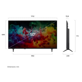 LG QNED AI QNED70 Mini LED shown in front and side views highlights a 50-inch display with a 1112 mm-wide screen, 649 mm screen height, 711 mm height with stand, a 70.8 mm profile depth, and a stand footprint measuring 902 by 230 mm.