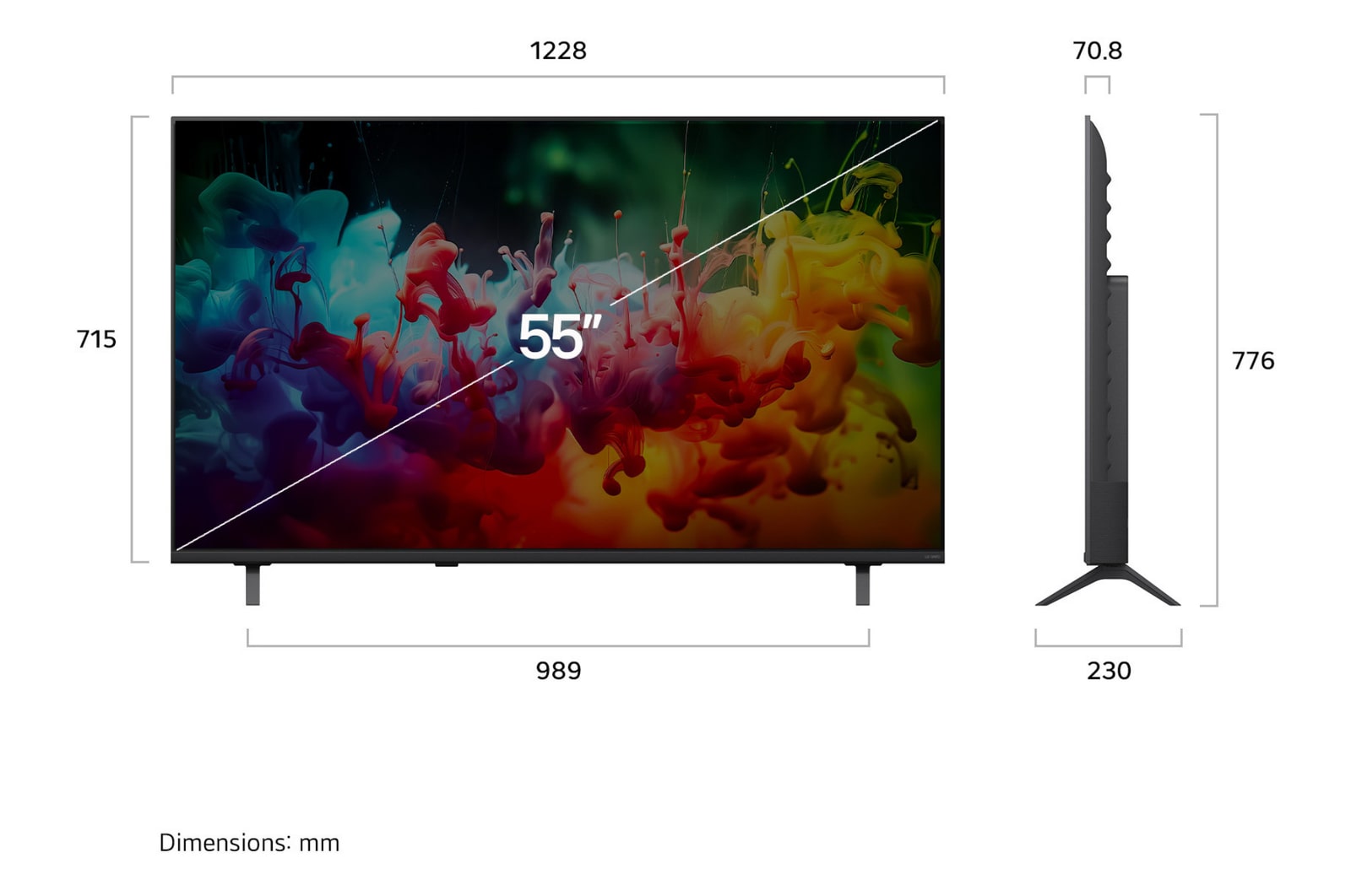 LG QNED AI QNED70 Mini LED shown in front and side views highlights a 55-inch display with a 1228 mm-wide screen, 715 mm screen height, 776 mm height with stand, a 70.8 mm profile depth, and a stand footprint measuring 989 by 230 mm.
