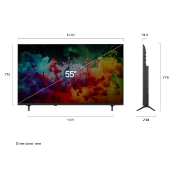 LG QNED AI QNED70 Mini LED shown in front and side views highlights a 55-inch display with a 1228 mm-wide screen, 715 mm screen height, 776 mm height with stand, a 70.8 mm profile depth, and a stand footprint measuring 989 by 230 mm.