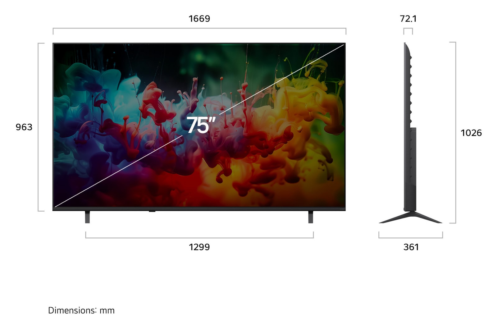 LG QNED AI QNED70 Mini LED shown in front and side views highlights a 75-inch display with a 1669 mm-wide screen, 963 mm screen height, 1026 mm height with stand, a 72.1 mm profile depth, and a stand footprint measuring 1299 by 361 mm.