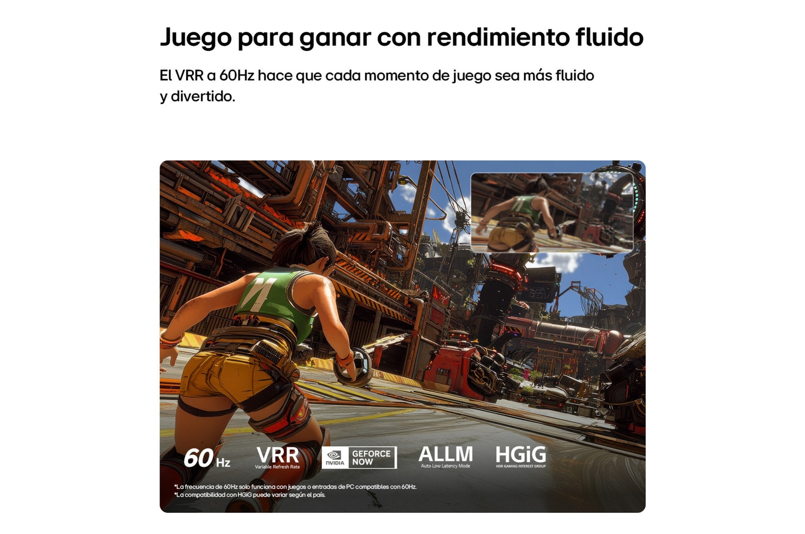 LG QNED AI QNED70 Mini LED for Ultimate Gameplay shows a fast-paced action game scene with a comparison inset highlighting smoother motion, while supporting up to 60Hz, VRR, ALLM, HGiG, and GeForce NOW.