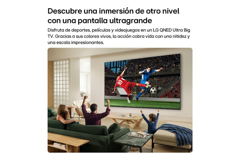 LG QNED AI QNED70 Mini LED Ultra Big TV is wall-mounted in a bright living room, showing an intense soccer moment with vivid colors and refined picture quality across a wide screen, as a family seated on sofas cheers together.