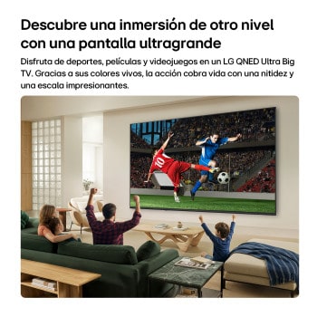 LG QNED AI QNED70 Mini LED Ultra Big TV is wall-mounted in a bright living room, showing an intense soccer moment with vivid colors and refined picture quality across a wide screen, as a family seated on sofas cheers together.