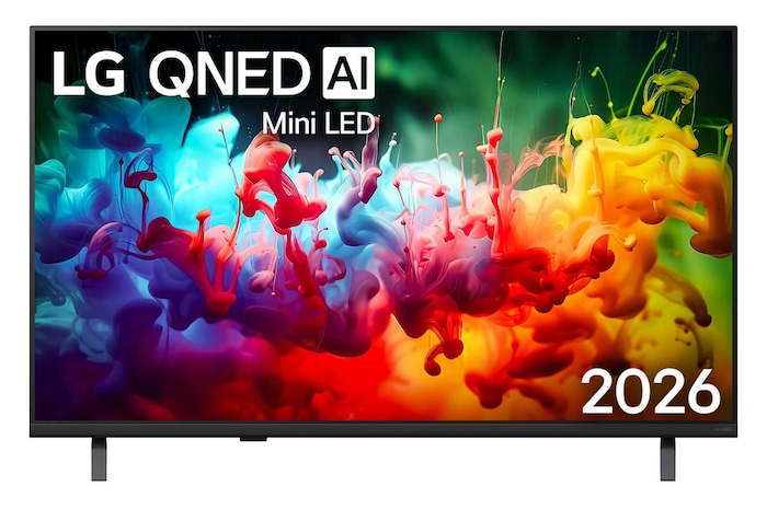The front view of the LG QNED AI QNED70 Mini LED, released in 2026, displays vivid, fluid splashes of multicolored motion, featuring Dynamic QNED Color, Mini LED, an alpha 7 AI Processor 4K Gen9, webOS, and an 85-inch display.