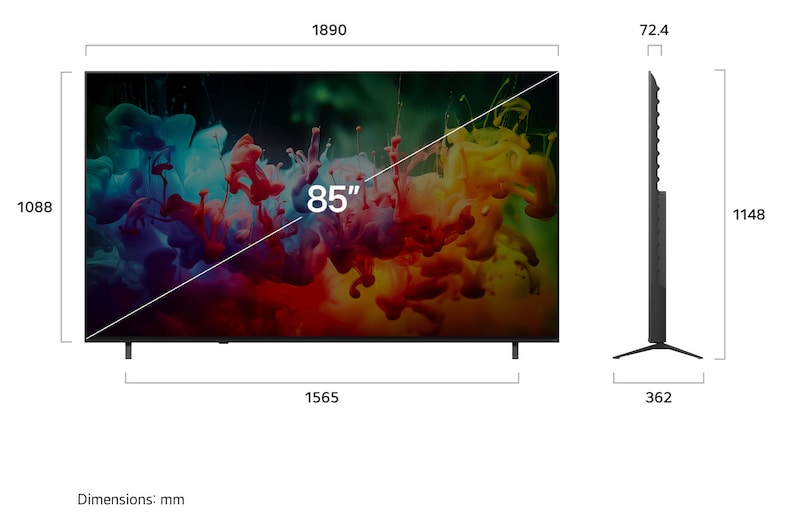 LG QNED AI QNED70 Mini LED shown in front and side views highlights an 85-inch display with a 1890 mm-wide screen, 1088 mm screen height, 1148 mm height with stand, a 72.4 mm profile depth, and a stand footprint measuring 1565 by 362 mm.