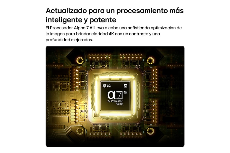 LG QNED AI QNED70 Mini LED’s alpha 7 AI Processor 4K Gen9 glows at the center of a yellow circuit board, highlighting smarter, more powerful AI processing that enhances 4K image clarity with improved contrast and depth.