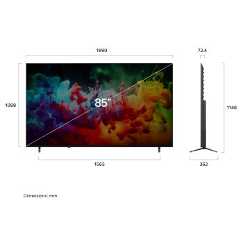 LG QNED AI QNED70 Mini LED shown in front and side views highlights an 85-inch display with a 1890 mm-wide screen, 1088 mm screen height, 1148 mm height with stand, a 72.4 mm profile depth, and a stand footprint measuring 1565 by 362 mm.