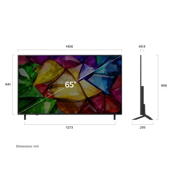 LG Mini RGB evo AI MRGB85 shown in front and side views highlights a 65-inch display with a 1456 mm-wide screen, a 841 mm screen height, a 906 mm height with stand, a 49.9 mm depth, and a stand footprint measuring 1273 by 295 mm.