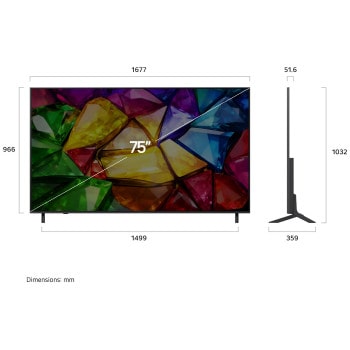LG Mini RGB evo AI MRGB85 shown in front and side views highlights a 75-inch display with a 1677 mm-wide screen, a 966 mm screen height, a 1032 mm height with stand, a 51.6 mm depth, and a stand footprint measuring 1499 by 359 mm.