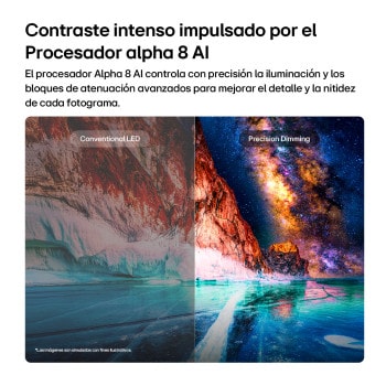 LG Mini RGB evo AI MRGB85 highlights Precision Dimming through a split image comparing conventional LED on the left with deeper blacks and improved contrast definition on the right, powered by the alpha 8 AI Processor.