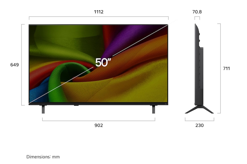 LG NANO 4K UHD AI NU85 shown in front and side views highlights a 50-inch display with a 1112 mm-wide screen, 649 mm screen height, 711 mm height with stand, a 70.8 mm profile depth, and a stand footprint measuring 902 by 230 mm.