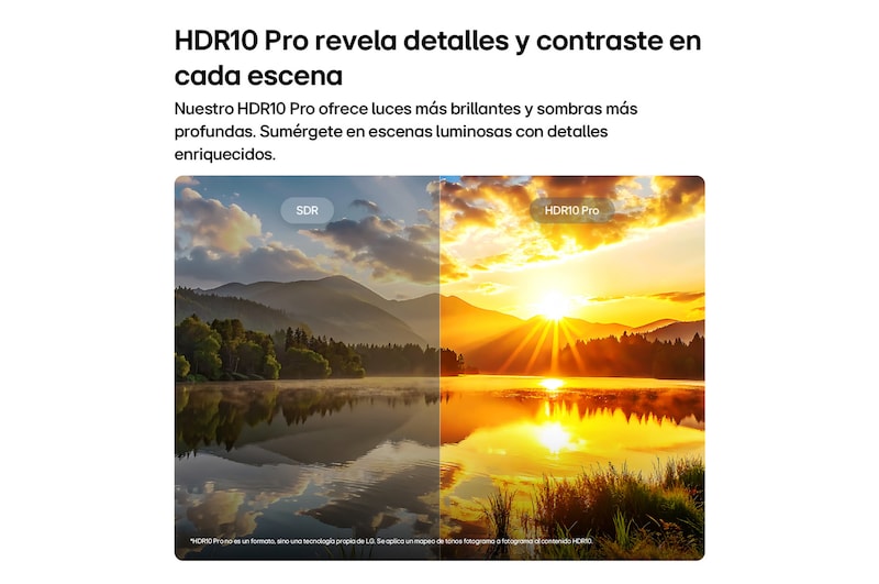 LG NANO 4K UHD AI NU85 highlights HDR10 Pro in a split scenic image comparing SDR and HDR10 Pro, revealing brighter highlights, deeper shadows, and enhanced contrast in a sunset lake scene for richer detail and clarity.