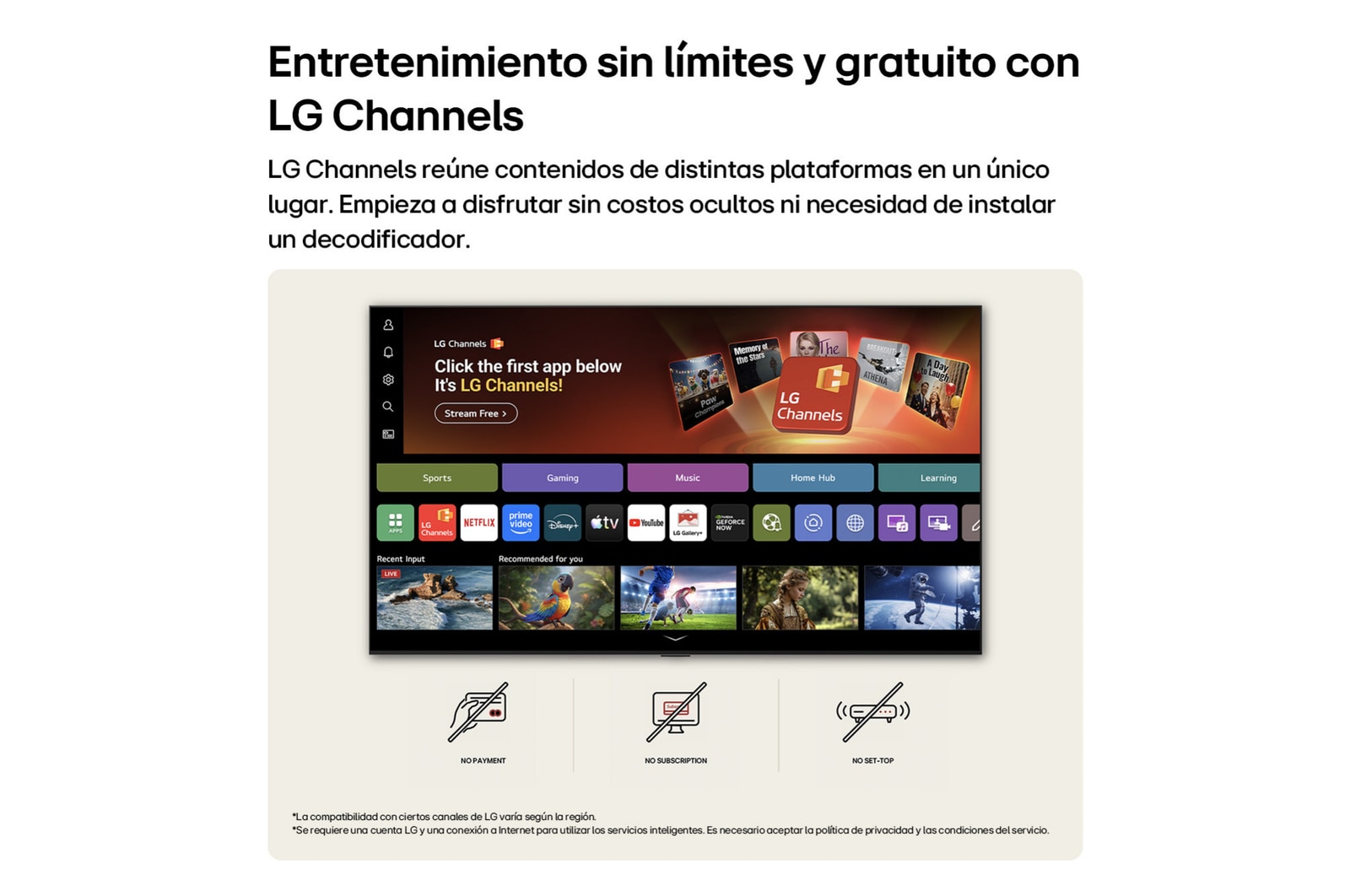 LG NANO 4K UHD AI NU85 home screen navigates into the LG Channels interface, with free live TV channels, movies, and exclusive content. It highlights direct access to hundreds of entertainment options with no payment, no subscription, and no set-top box required.