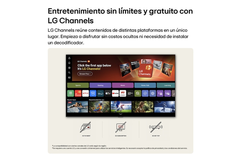 LG NANO 4K UHD AI NU85 home screen navigates into the LG Channels interface, with free live TV channels, movies, and exclusive content. It highlights direct access to hundreds of entertainment options with no payment, no subscription, and no set-top box required.