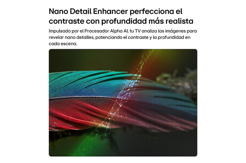 LG NANO 4K UHD AI NU85 with Nano Detail Enhancer shows a feather image, powered by the alpha AI Processor that detects fine textures to enhance contrast and depth and deliver a clearer, more three-dimensional 4K picture.