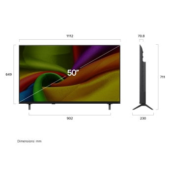 LG NANO 4K UHD AI NU85 shown in front and side views highlights a 50-inch display with a 1112 mm-wide screen, 649 mm screen height, 711 mm height with stand, a 70.8 mm profile depth, and a stand footprint measuring 902 by 230 mm.