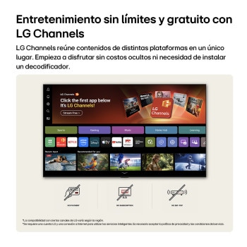 LG NANO 4K UHD AI NU85 home screen navigates into the LG Channels interface, with free live TV channels, movies, and exclusive content. It highlights direct access to hundreds of entertainment options with no payment, no subscription, and no set-top box required.