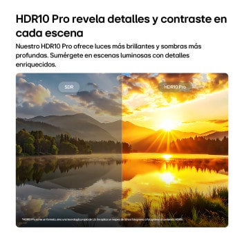 LG NANO 4K UHD AI NU85 highlights HDR10 Pro in a split scenic image comparing SDR and HDR10 Pro, revealing brighter highlights, deeper shadows, and enhanced contrast in a sunset lake scene for richer detail and clarity.
