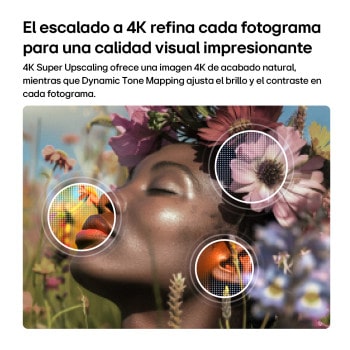 LG NANO 4K UHD AI NU85 enables 4K Super Upscaling with Dynamic Tone Mapping, showing a close-up portrait with flowers as AI refines each frame to enhance skin texture, fine details, and natural color up to 4K resolution.