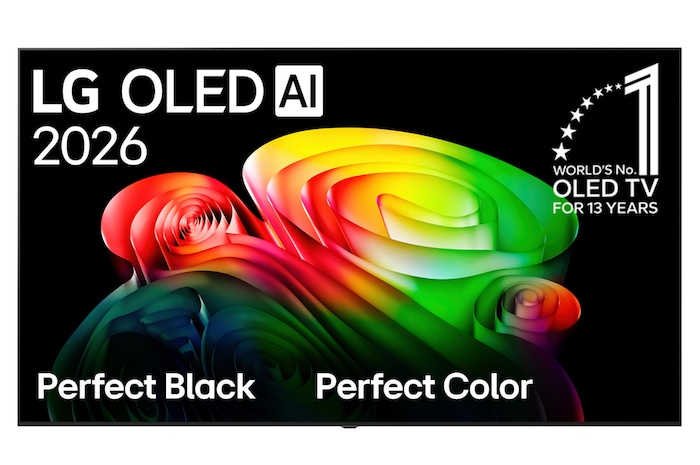 The front view of the LG OLED AI B6, released in 2026, displays an image of layered, multicolored forms, featuring Perfect Black & Perfect Color, along with the World’s No.1 OLED TV for 13 Years badge.