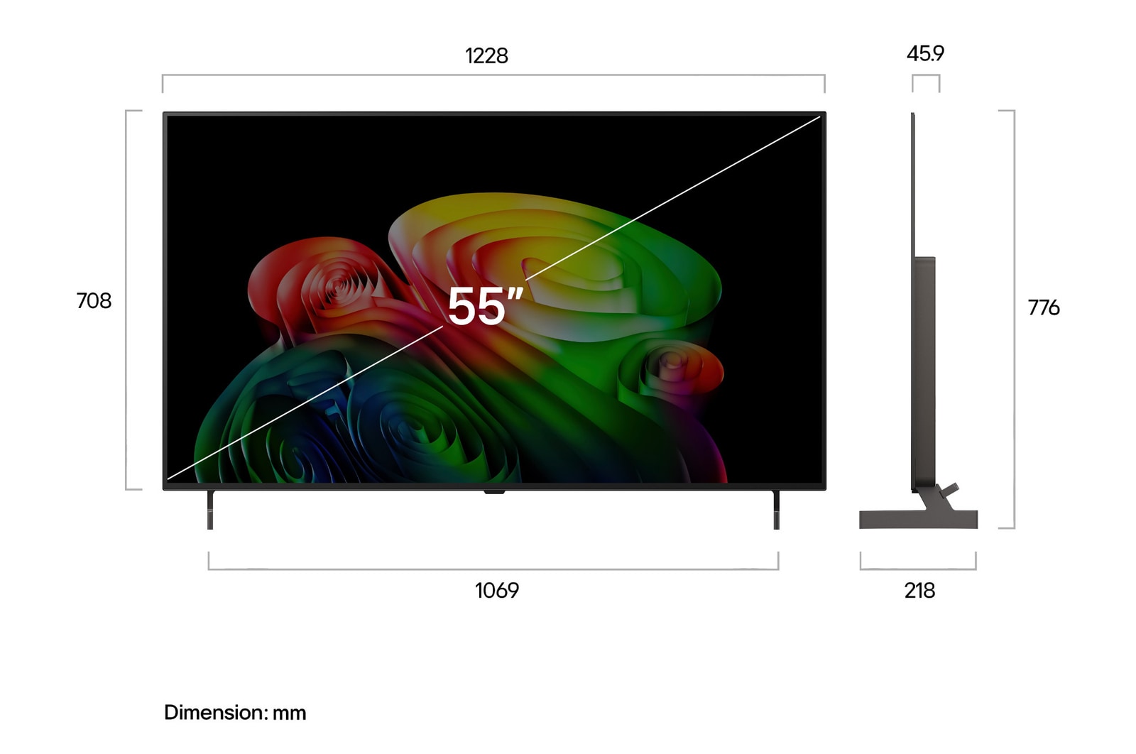 LG OLED AI B6 shown in front and side views highlights a 55-inch display with a 1228 mm-wide screen, an overall height of 708 mm, and an ultra-slim 45.9 mm depth without a stand.