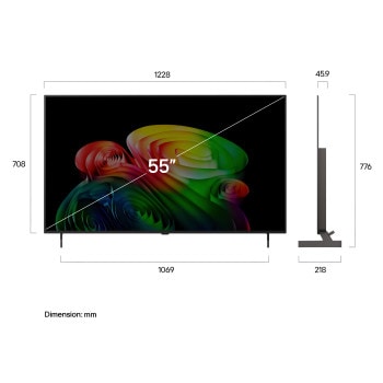 LG OLED AI B6 shown in front and side views highlights a 55-inch display with a 1228 mm-wide screen, an overall height of 708 mm, and an ultra-slim 45.9 mm depth without a stand.