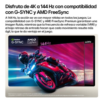 LG OLED AI B6 compares 144Hz vs 60Hz in a motorcycle racing game, showing the 144Hz panel as ultra-smooth and tear-free. NVIDIA G-SYNC and AMD FreeSync Premium logos appear at top left.