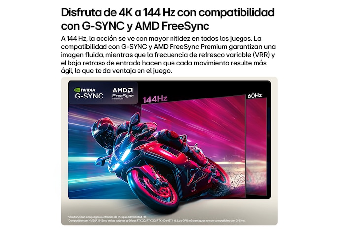 LG OLED AI B6 compares 144Hz vs 60Hz in a motorcycle racing game, showing the 144Hz panel as ultra-smooth and tear-free. NVIDIA G-SYNC and AMD FreeSync Premium logos appear at top left.