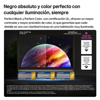 LG OLED AI B6 shows a split-screen planet-and-stars scene, comparing an anti-glare matte display with its Perfect Black & Perfect Color display for clearer picture quality in any light, supported by UL certification and Intertek certifications for color volume and color fidelity.