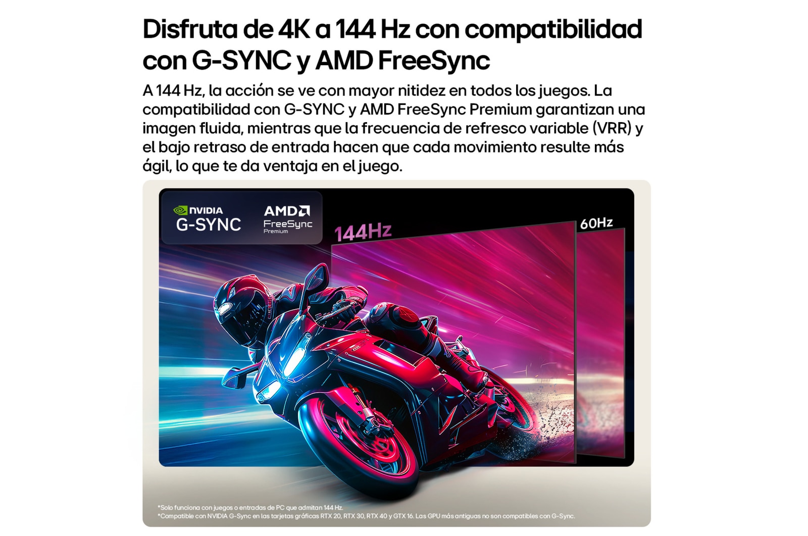 LG OLED AI B6 compares 144Hz vs 60Hz in a motorcycle racing game, showing the 144Hz panel as ultra-smooth and tear-free. NVIDIA G-SYNC and AMD FreeSync Premium logos appear at top left.