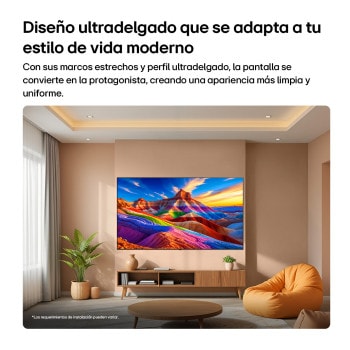 LG OLED AI B6 is wall-mounted in a styled living space, featuring an ultra-slim design with narrow bezels, and it displays a rainbow-toned landscape with layered mountain forms on screen.