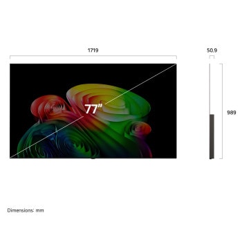 LG OLED AI B6 shown in front and side views highlights a 77-inch display with a 1719 mm-wide screen, an overall height of 989 mm, and an ultra-slim 50.9 mm depth without a stand.
