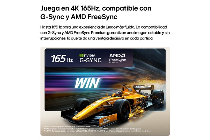 La LG OLED evo AI C6, con una experiencia de juego inigualable en 4K y 165Hz, muestra un juego de carreras de alta velocidad con un automóvil monoplaza amarillo en movimiento, el texto "VICTORIA" en negrita en la pantalla y los logotipos de NVIDIA G-SYNC y AMD FreeSync Premium en la parte superior.
