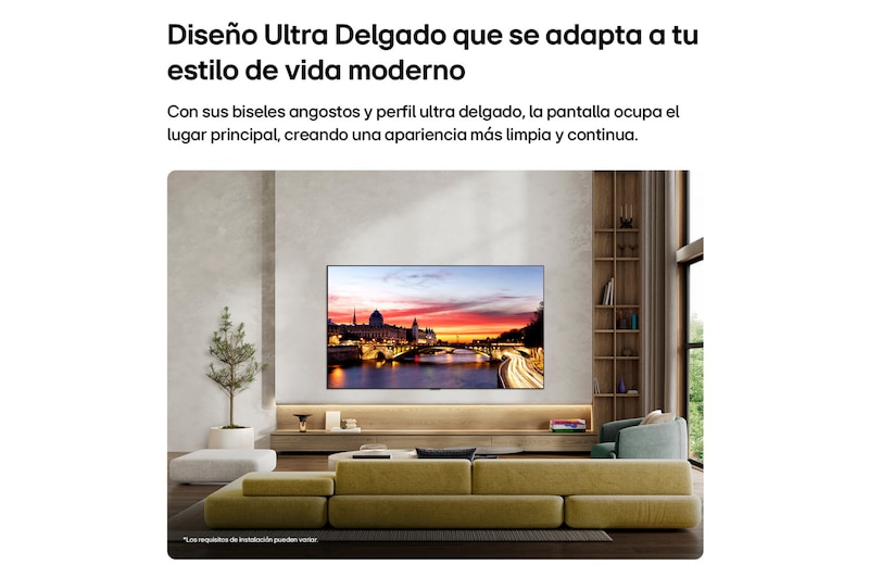 La LG OLED evo AI C6 se monta en la pared de una elegante sala, con un diseño ultradelgado y biseles angostos, y muestra en la pantalla un paisaje urbano a orillas del río durante la puesta de sol. 
