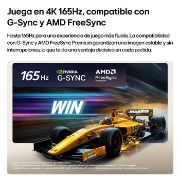 La LG OLED evo AI C6, con una experiencia de juego inigualable en 4K y 165Hz, muestra un juego de carreras de alta velocidad con un automóvil monoplaza amarillo en movimiento, el texto "VICTORIA" en negrita en la pantalla y los logotipos de NVIDIA G-SYNC y AMD FreeSync Premium en la parte superior.