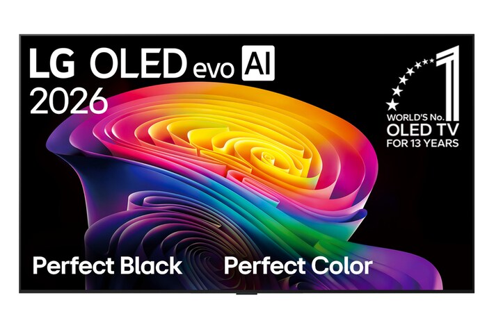 La vista frontal de la LG OLED evo AI C6, lanzada en 2026, muestra una imagen de formas multicolores en capas, negro perfecto y color perfecto, junto con la insignia de la OLED TV número uno del mundo durante 13 años.