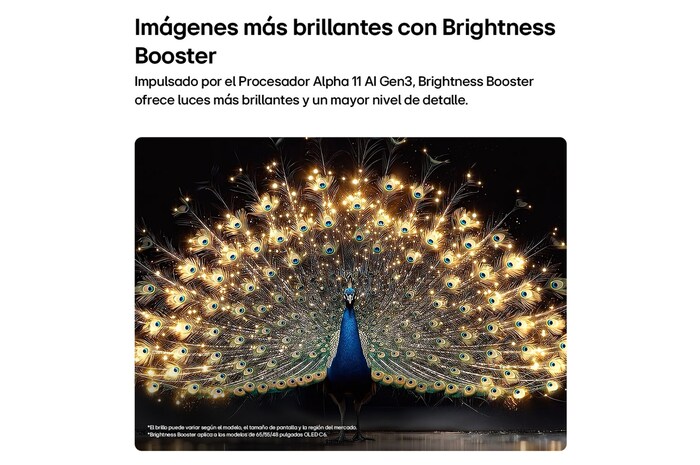 La LG OLED evo AI C6 con Brightness Booster muestra una escena oscura en la que un pavo real brillantemente iluminado extiende sus radiantes y resplandecientes plumas, ofreciendo reflejos más brillantes con mayor detalle y un contraste sorprendente.