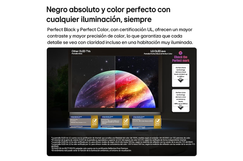La LG OLED evo AI C6 muestra una escena de planetas y estrellas en modo de pantalla dividida, comparando una pantalla mate anti-glare con su pantalla Negro perfecto y Color perfecto para obtener una calidad de imagen más nítida con cualquier tipo de iluminación, respaldada por la certificación UL y las certificaciones Intertek para el volumen y la fidelidad del color.