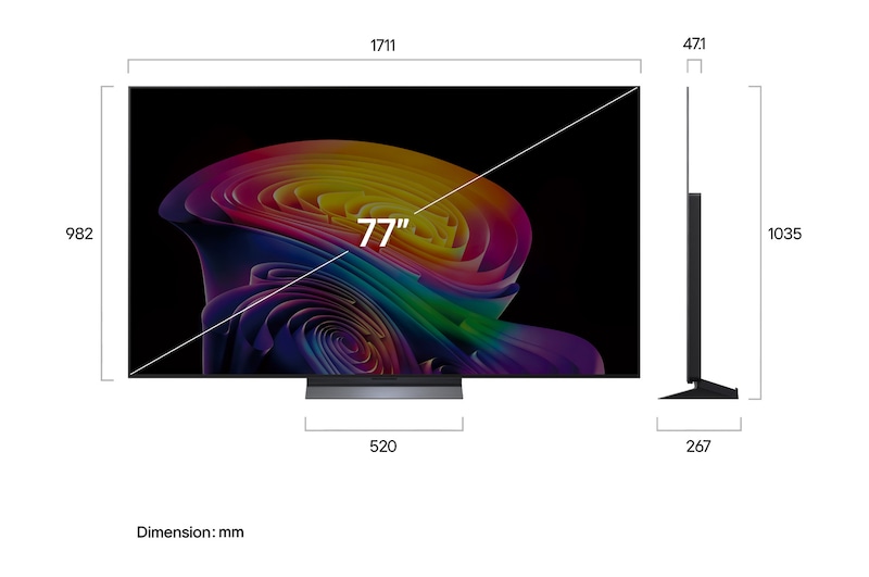 LG OLED evo AI C6 shown in front and side views highlights a 77-inch display with a 1711 mm-wide screen, an overall height of 982 mm, and an ultra-slim 47.1 mm depth without a stand.