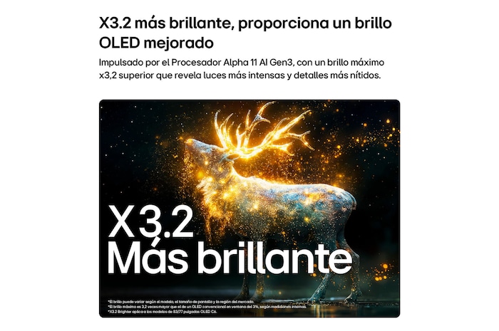LG OLED evo AI C6 with Brightness Booster Pro shows a dark scene where glowing particles surrounding a deer silhouette, delivering up to 3.2x brighter peak brightness with higher luminance and clearer detail.