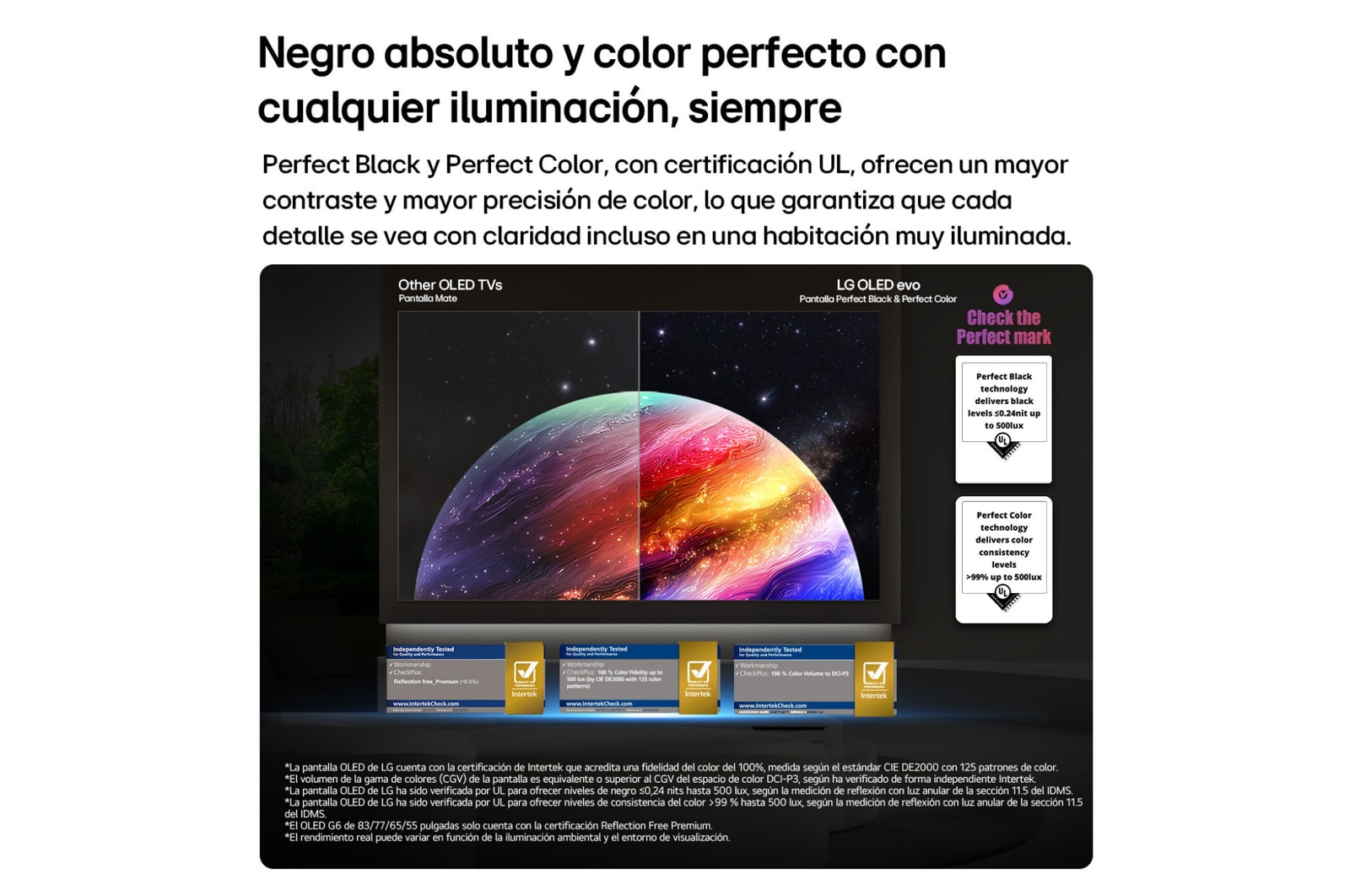 LG OLED evo AI C6 shows a split-screen planet-and-stars scene, comparing an anti-glare matte display with its Perfect Black & Perfect Color display for clearer picture quality in any light, supported by UL certification and Intertek certifications for color volume and color fidelity.