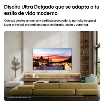 LG OLED evo AI C6 is wall-mounted in a styled living space, featuring an ultra-slim design with narrow bezels, and it displays a riverside cityscape at sunset on screen. 