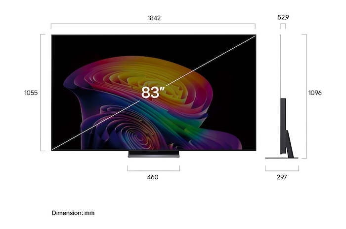 LG OLED evo AI C6 shown in front and side views highlights a 83-inch display with a 1842 mm-wide screen, an overall height of 1055 mm, and an ultra-slim 52.9 mm depth without a stand.