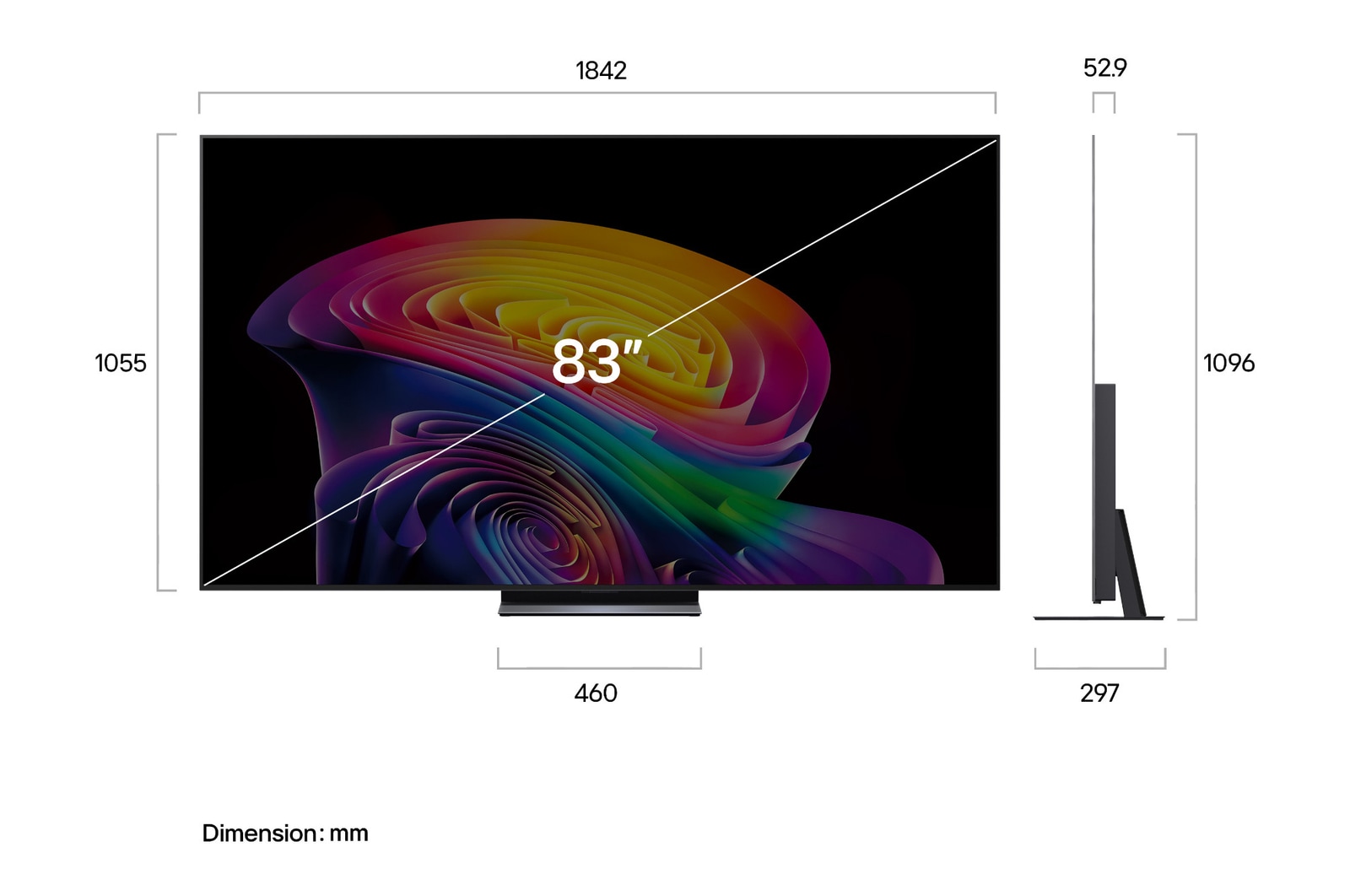 LG OLED evo AI C6 shown in front and side views highlights a 83-inch display with a 1842 mm-wide screen, an overall height of 1055 mm, and an ultra-slim 52.9 mm depth without a stand.