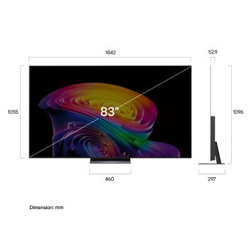 LG OLED evo AI C6 shown in front and side views highlights a 83-inch display with a 1842 mm-wide screen, an overall height of 1055 mm, and an ultra-slim 52.9 mm depth without a stand.